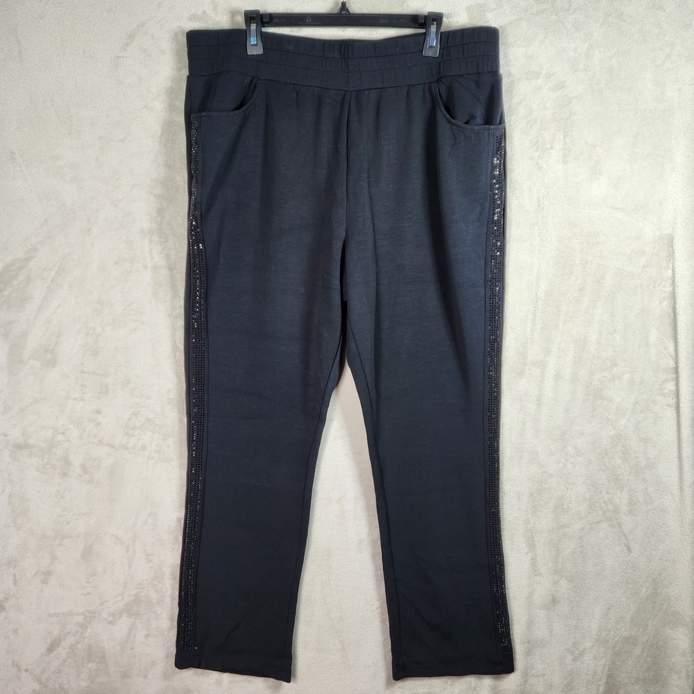 Belle Kim Gravel Pants Womens 1X Black ScubaLuxe Sparkle Rhinestone A710999